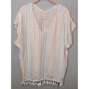 St. Tropez West Linen Kimono Top XL Striped Metallic Pink Blue Fringe